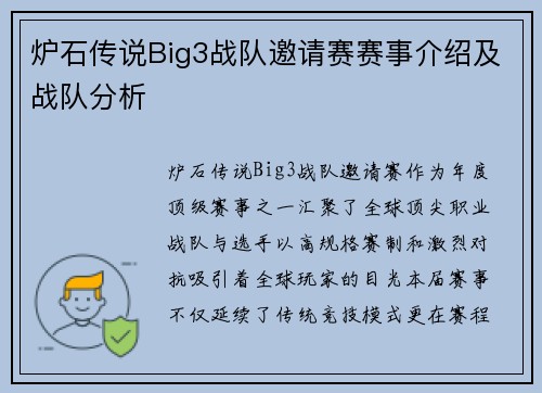 炉石传说Big3战队邀请赛赛事介绍及战队分析