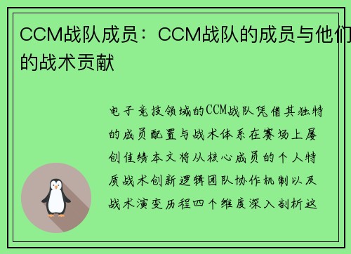 CCM战队成员：CCM战队的成员与他们的战术贡献