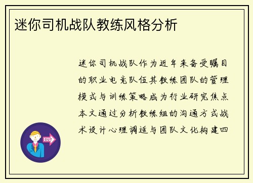 迷你司机战队教练风格分析